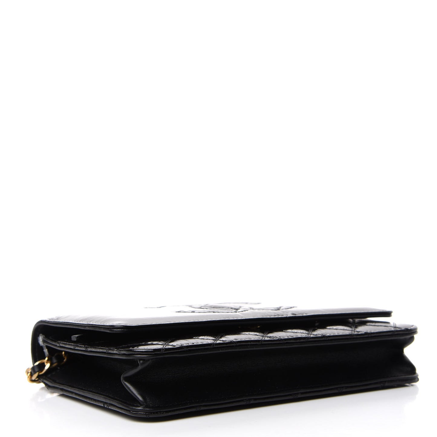 Shiny Aged Calfskin Quilted CC Wallet On Chain WOC Black