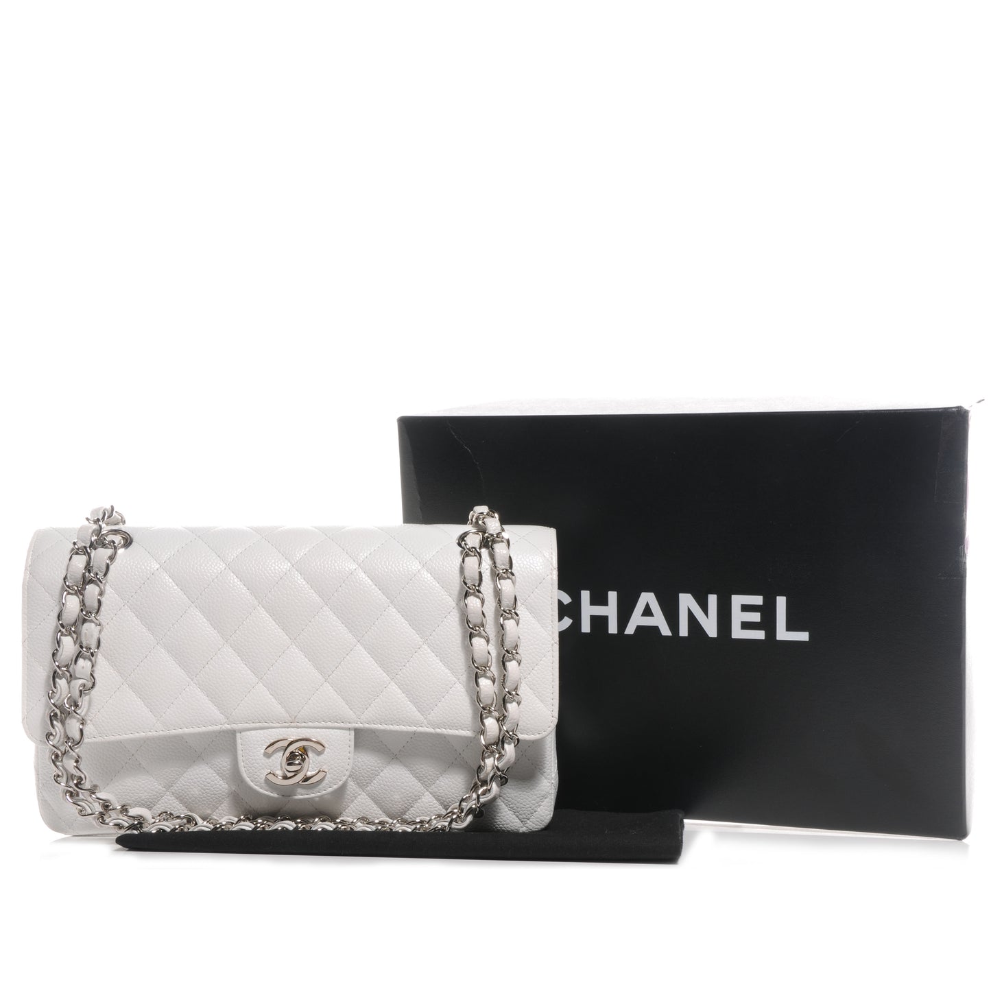 Caviar Quilted Medium Double Flap White