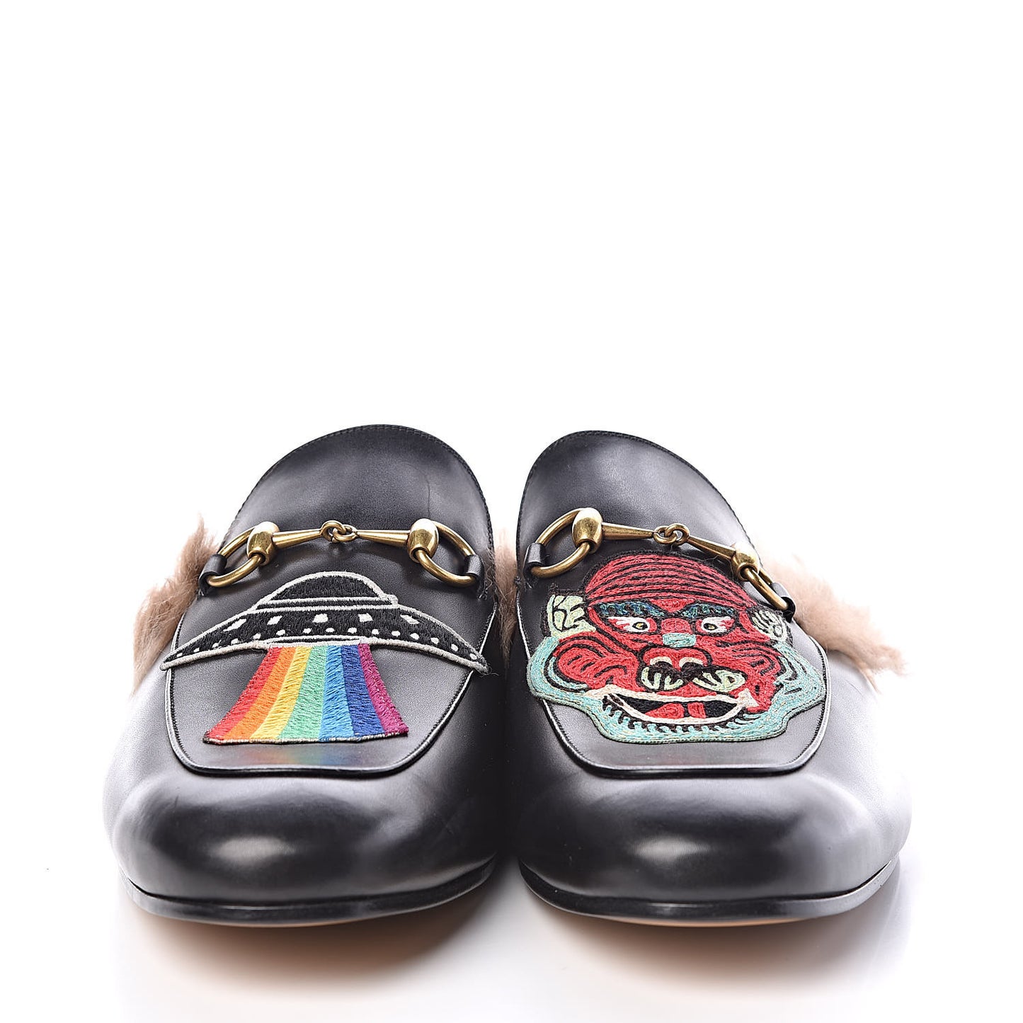 Calfskin Fur Dragon UFO Embroidered Mens Princetown Slippers 13 Black