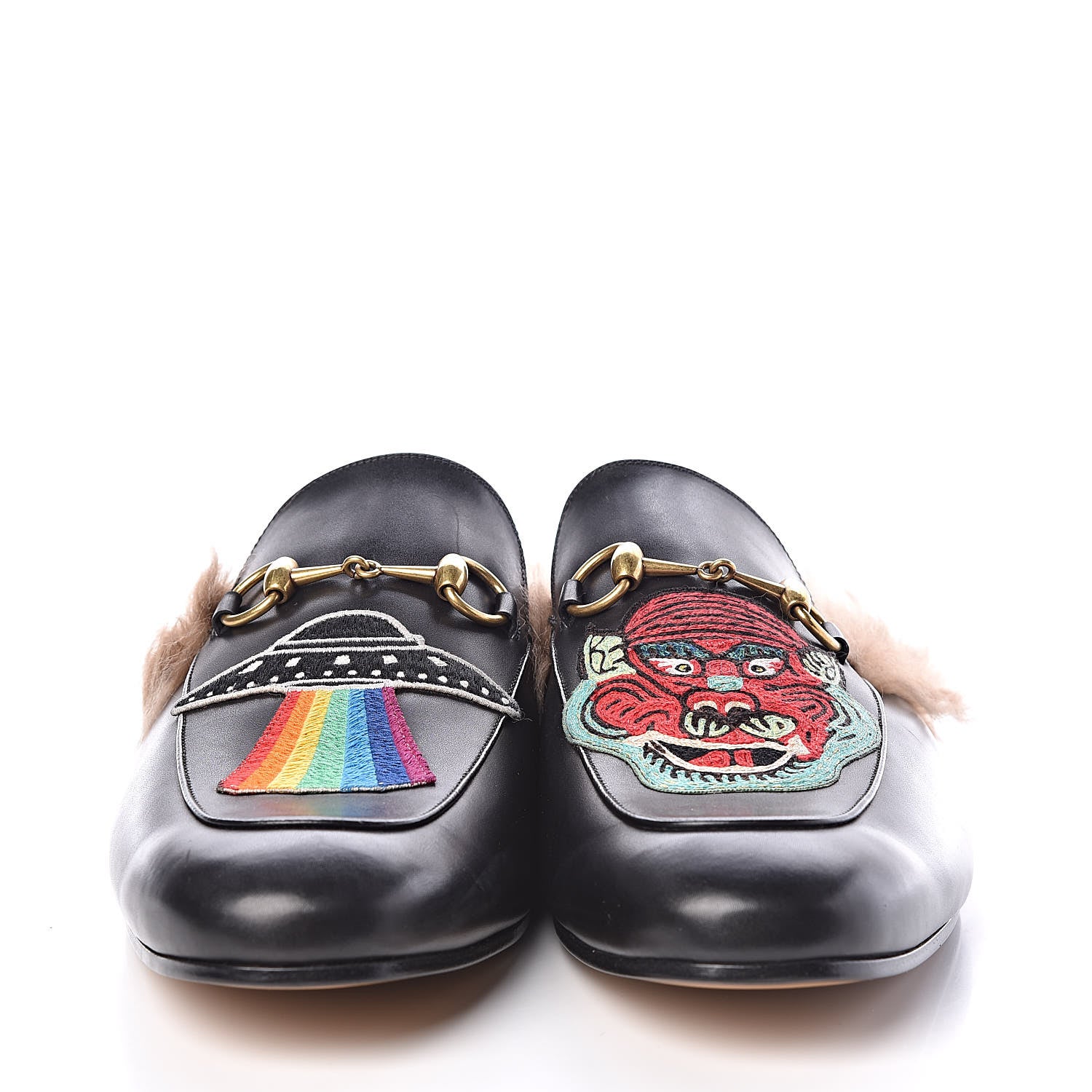 Gucci Calfskin Fur Dragon UFO Embroidered Mens Princetown Slippers 13 Black 2 of 8