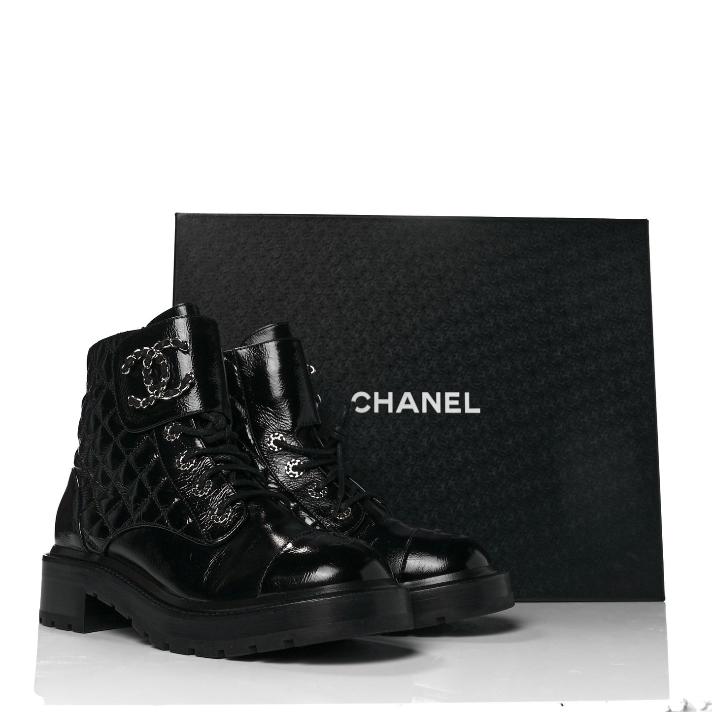 Shiny Calfskin Quilted Lace Up Combat Boots 38.5 Black
