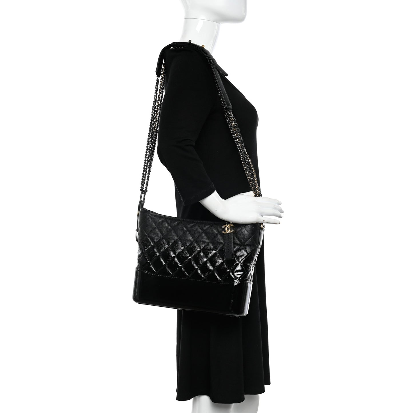 Patent Goatskin Quilted Medium Gabrielle Hobo Black