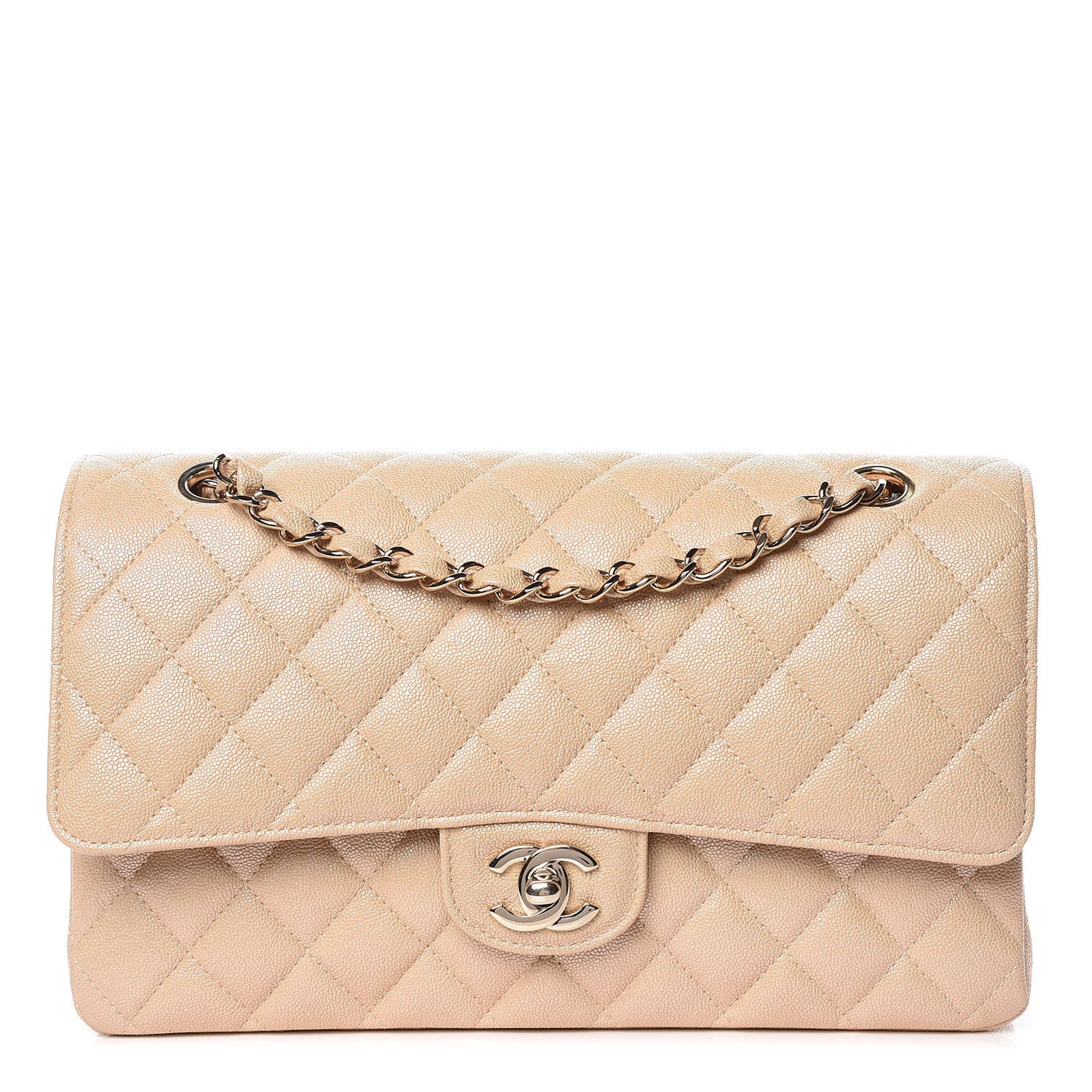 Iridescent Caviar Quilted Medium Double Flap Beige