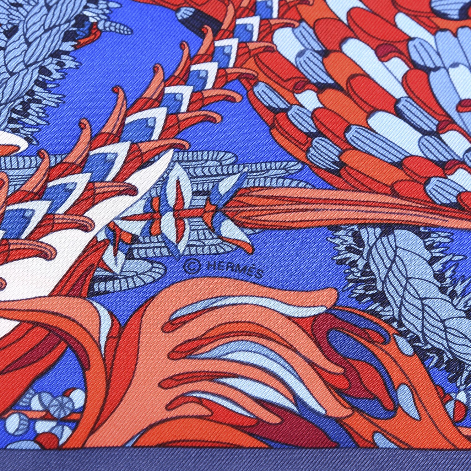 Hermes Silk Fantaisie Botanique Pocket Square Scarf Bleu Royal Rouge White 2 of 5