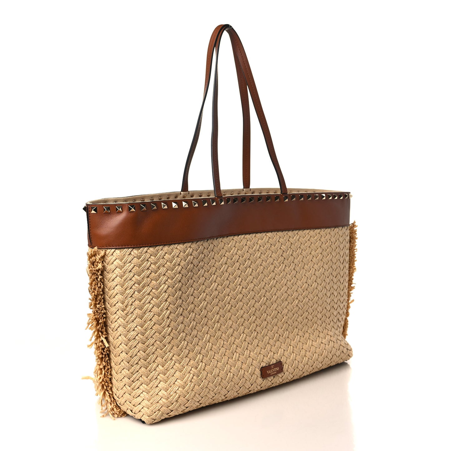 Raffia Calfskin Rockstud Shoulder Tote Naturale Saddle Brown