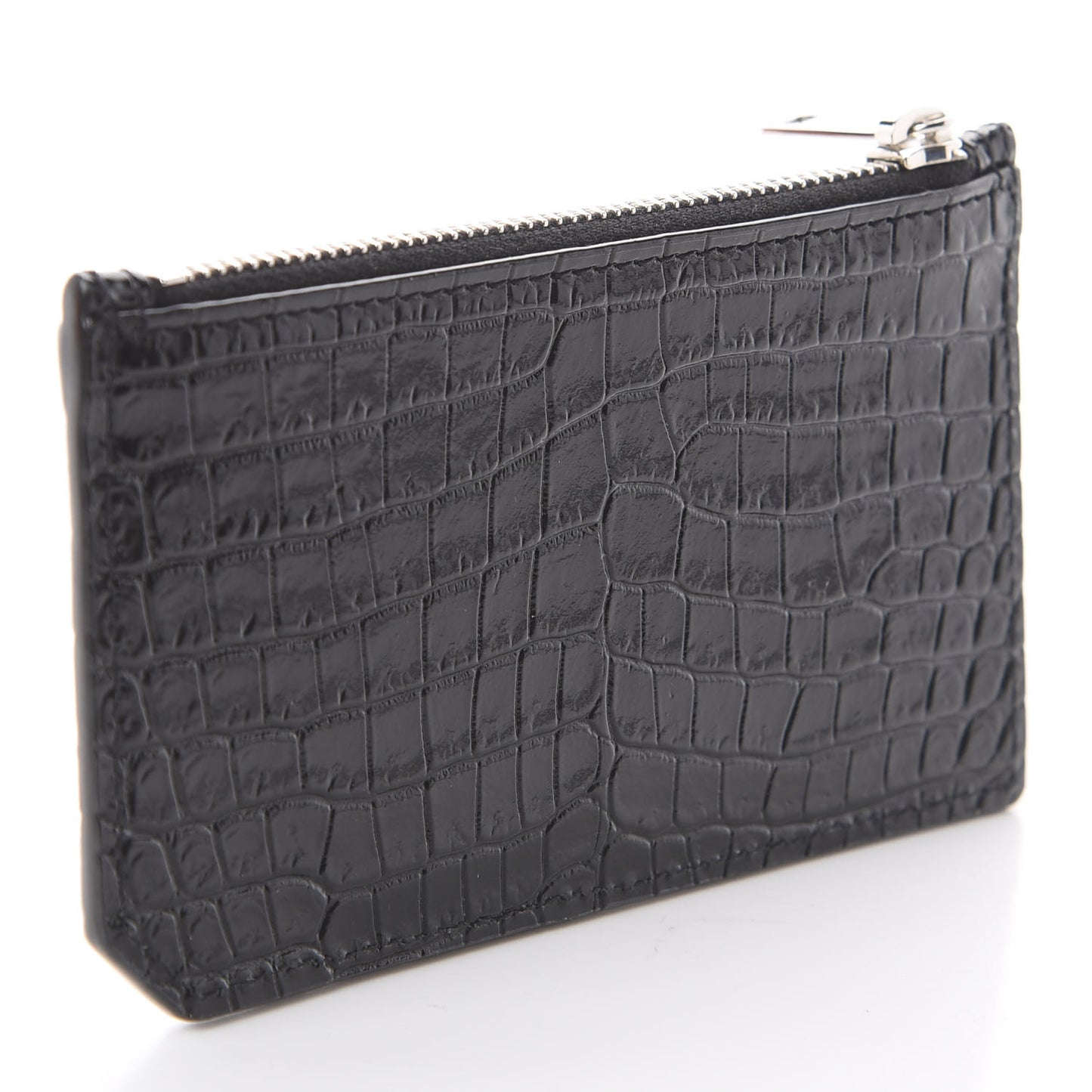 Calfskin Crocodile Embossed 5 Fragments Zip Pouch Card Holder Black