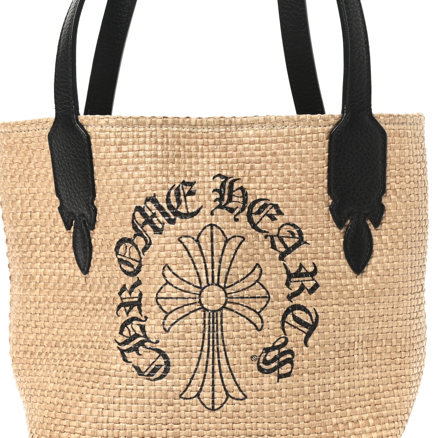 Grained Calfskin Raffia Small Cross Tote Natural Black
