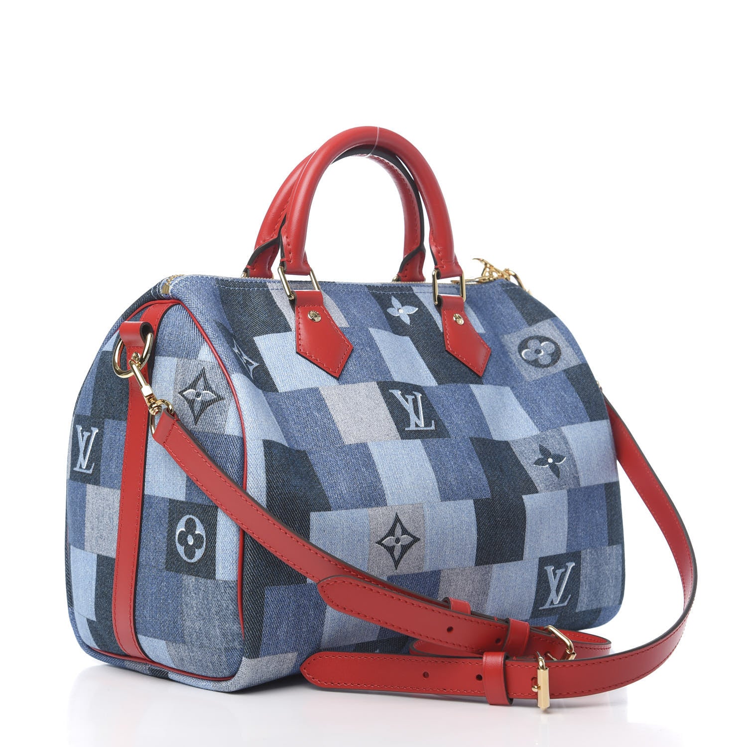 Louis Vuitton Denim Damier Monogram Patchwork Speedy Bandouliere 30 Blue Rouge 4 of 12