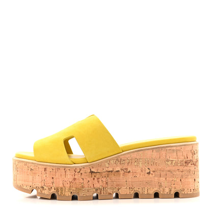 Hermes Suede Goatskin Cork Eze 30 Sandals 39 Jaune Citron 1 of 9
