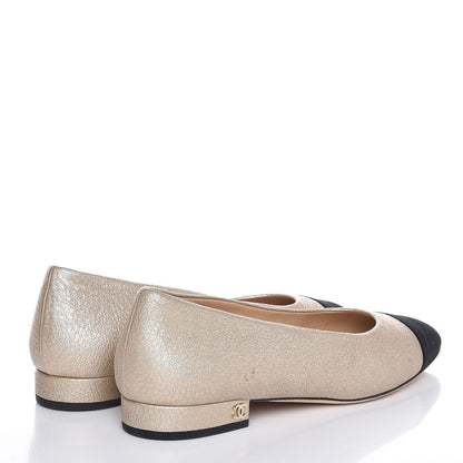 Chanel Metallic Goatskin Grosgrain Cap Toe Ballerina Flats 37 Gold Black 4 of 12