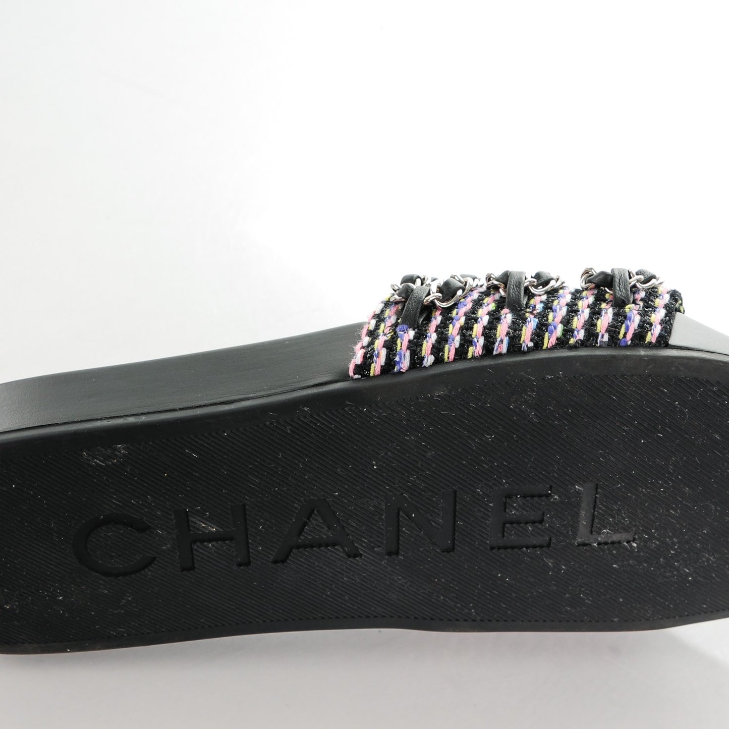 Tweed Lambskin Chain Flat Sandals 39 Black Multicolor