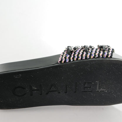 Chanel Tweed Lambskin Chain Flat Sandals 39 Black Multicolor 7 of 9
