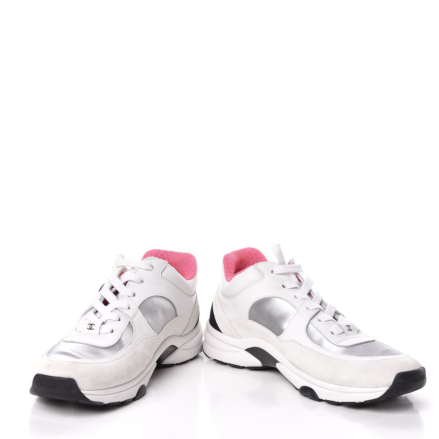 Chanel Suede Calfskin CC Sneakers 38.5 White Silver Fluo Pink 6 of 11