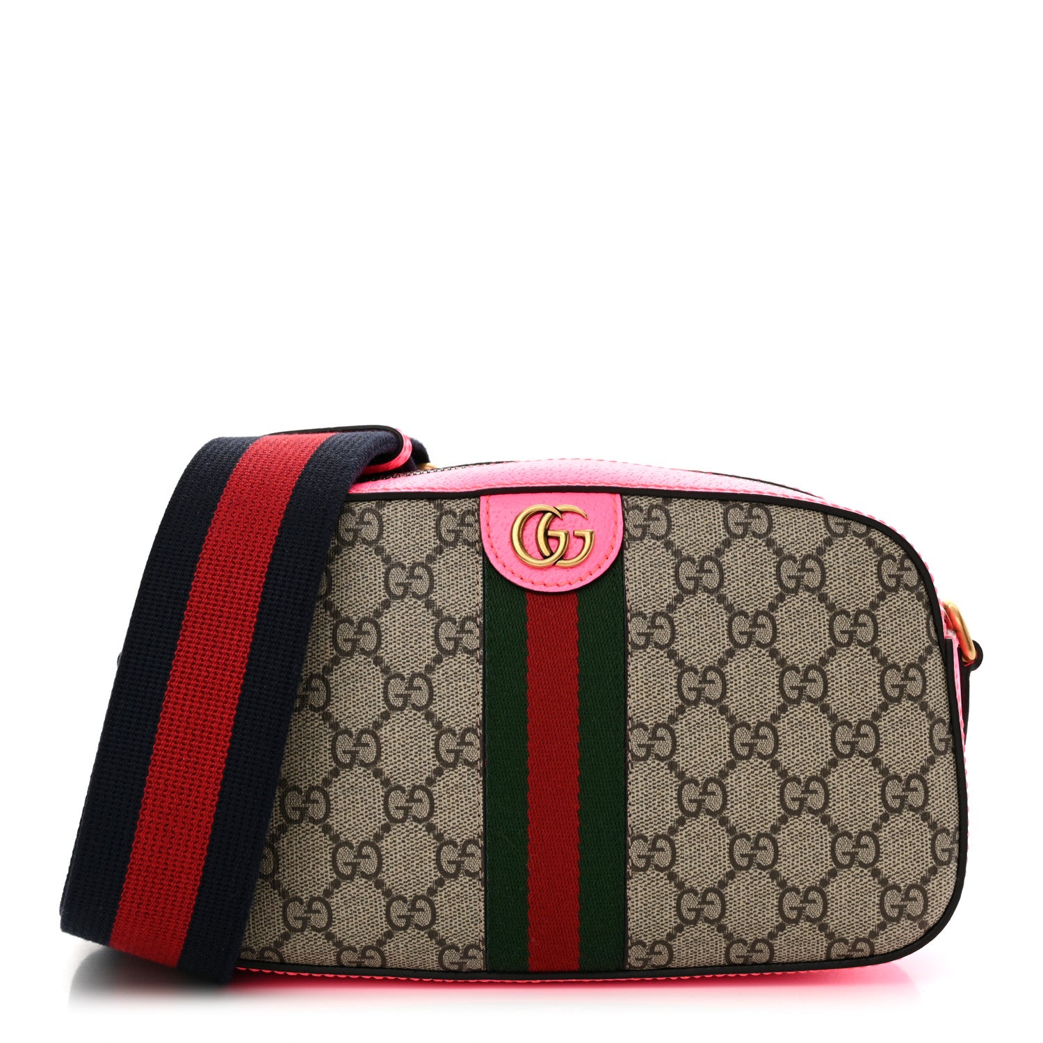 Gucci GG Supreme Monogram Textured Dollar Calfskin Web Ophidia Small Crossbody Bag Beige Ebony Fuchsia 1 of 10