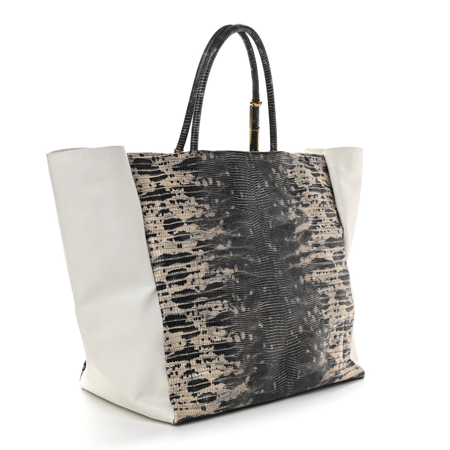 Lizard Effect Calfskin Moon River Tote Black White