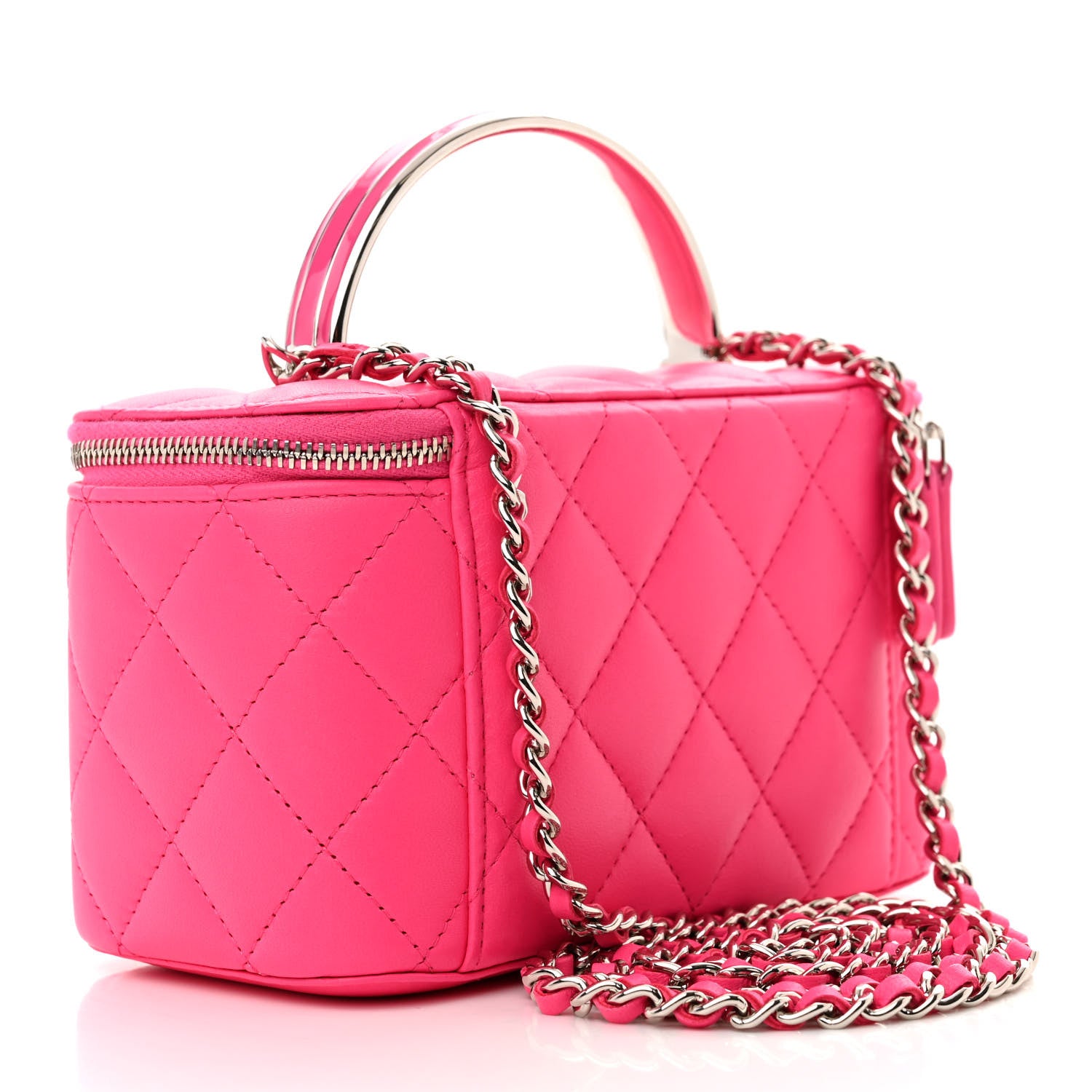 Chanel Lambskin Enamel Quilted Top Handle Clutch With Chain Fuchsia 3 of 10
