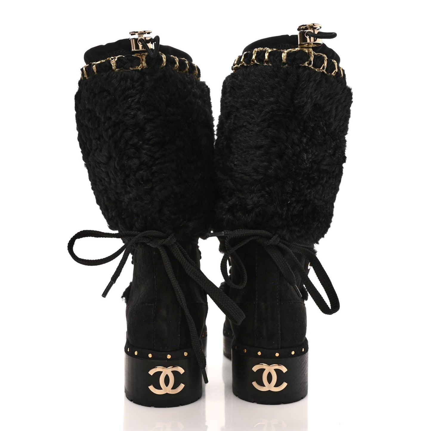 Suede Shearling Chain Studded CC High Boot 38 Black