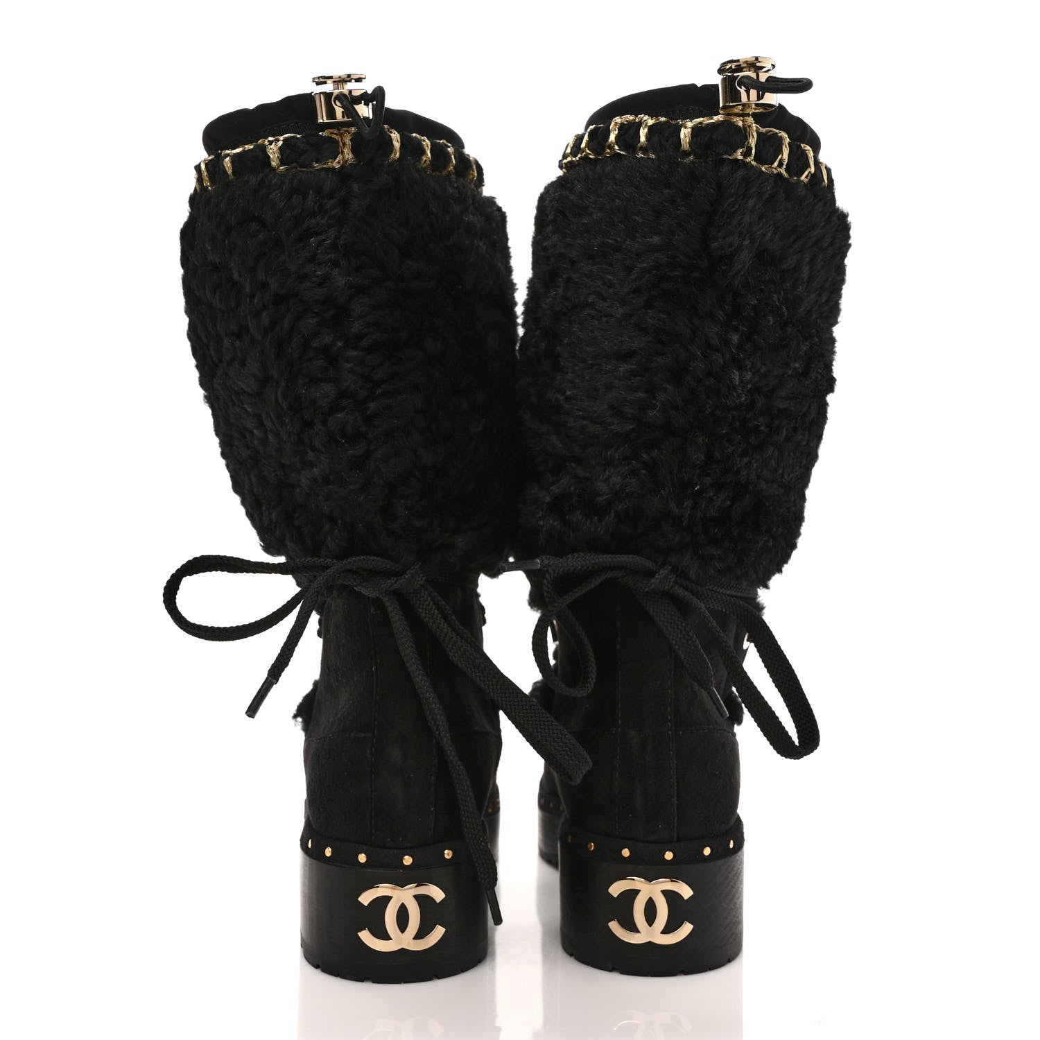 Chanel Suede Shearling Chain Studded CC High Boot 38 Black 5 of 9