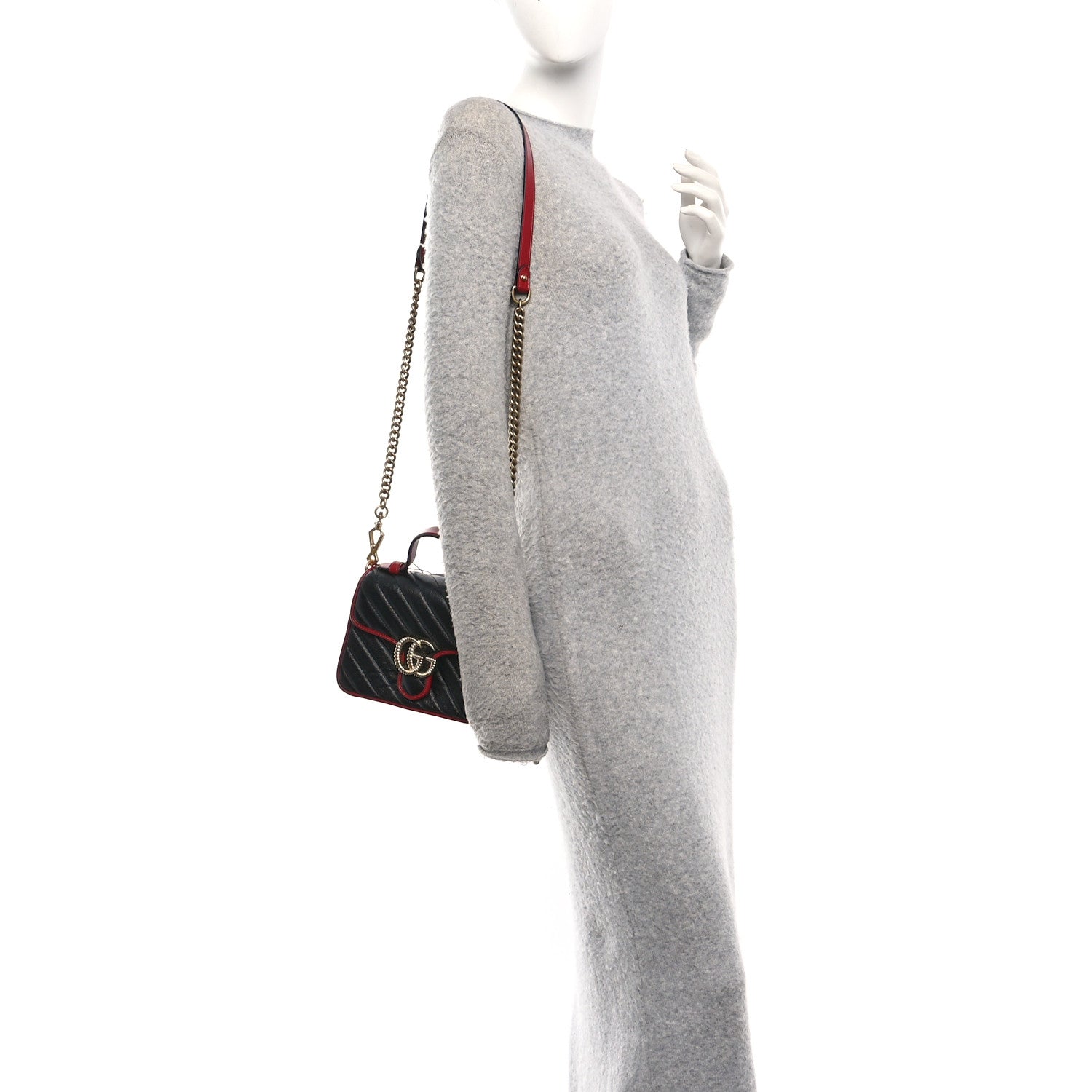 Gucci Vintage Effect Calfskin Matelasse Diagonal Mini Torchon GG Marmont Top Handle Shoulder Bag Black Romantic Cherry 2 of 10