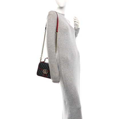 Gucci Vintage Effect Calfskin Matelasse Diagonal Mini Torchon GG Marmont Top Handle Shoulder Bag Black Romantic Cherry 2 of 10