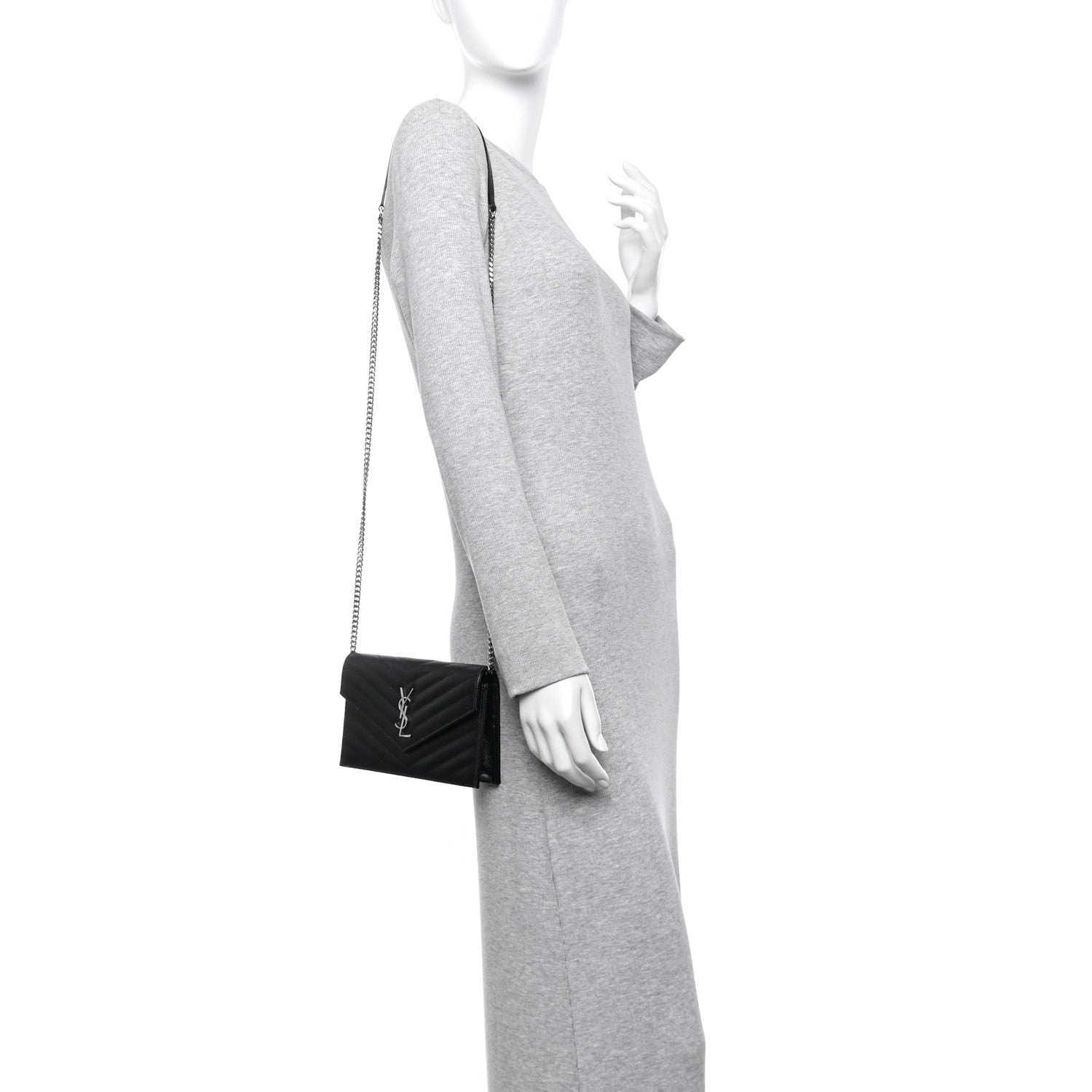 Saint Laurent Grain De Poudre Matelasse Chevron Monogram Envelope Chain Wallet Black 2 of 13