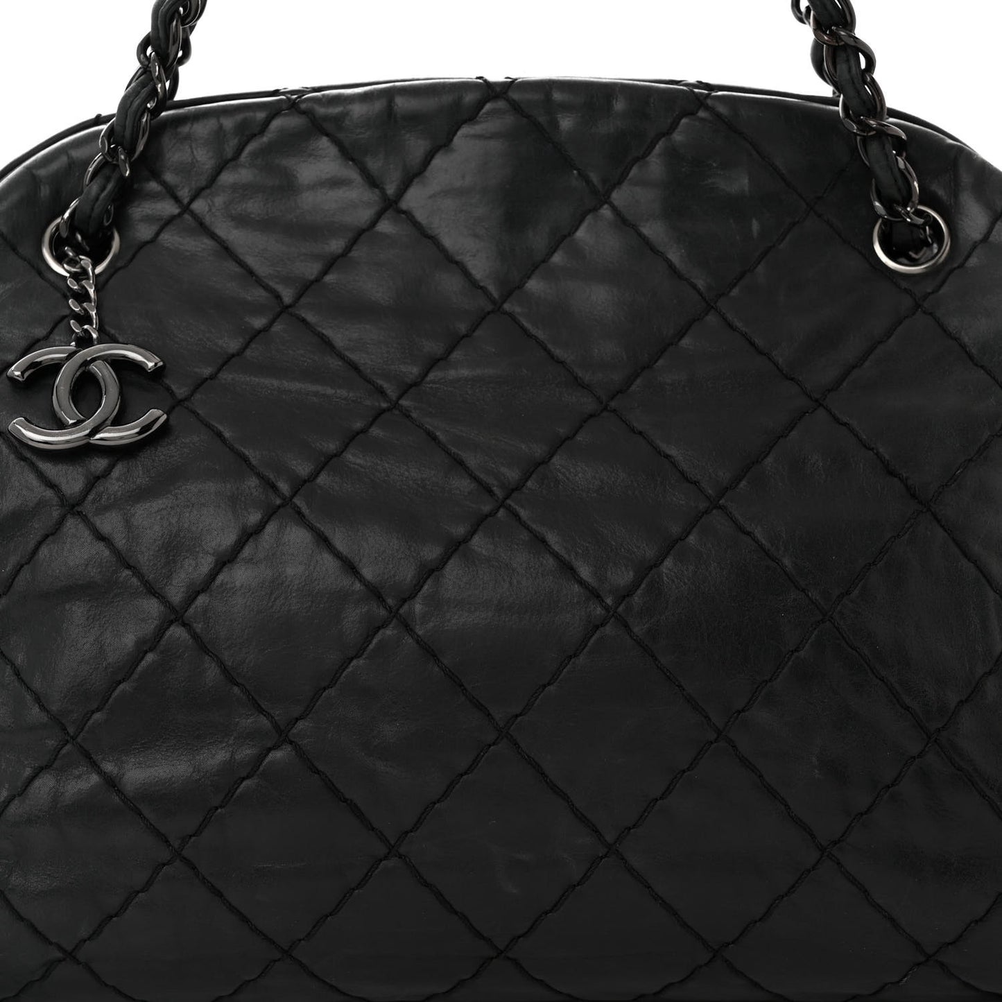 Iridescent Calfskin Large Just Mademoiselle Bowling Bag Black