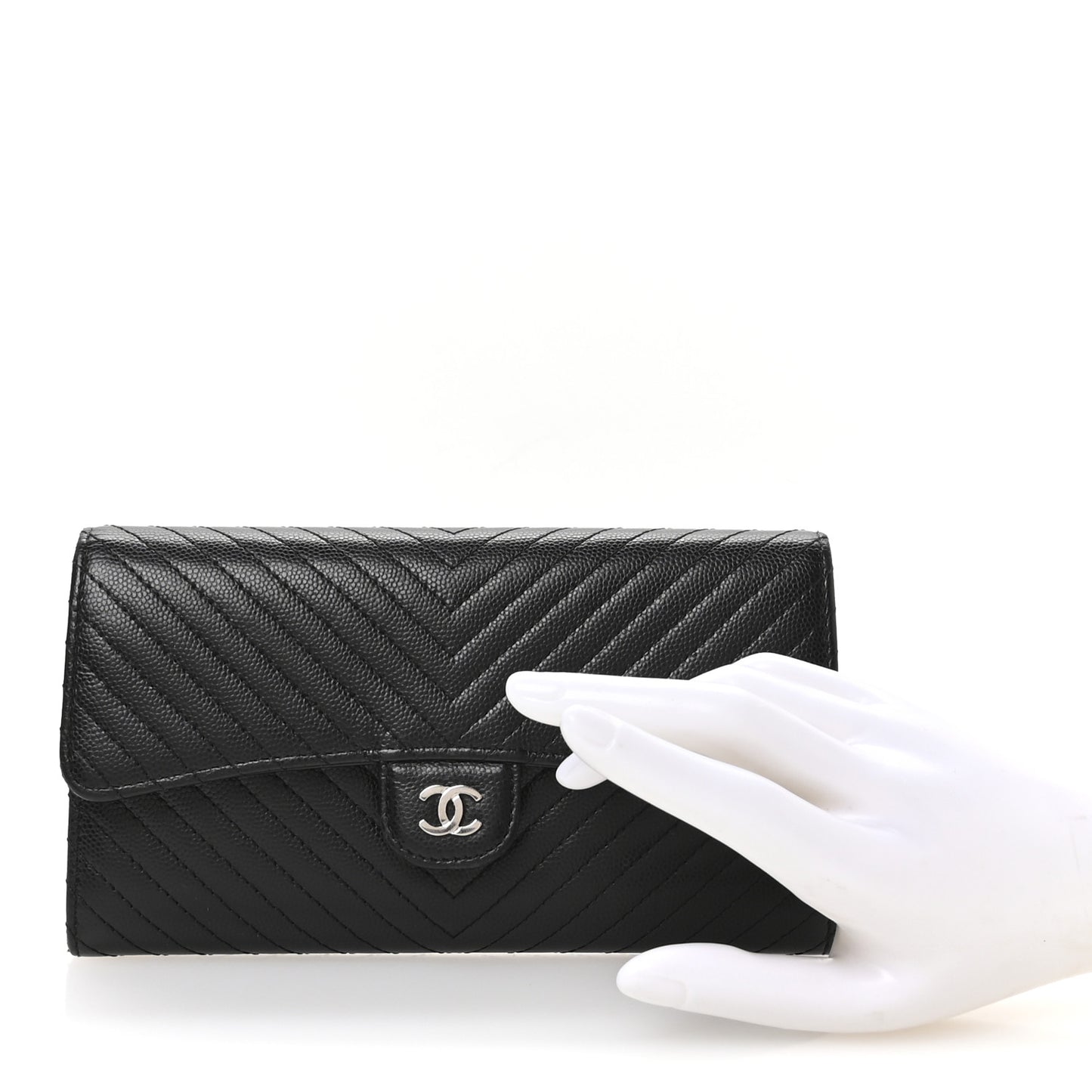 Caviar Chevron Quilted Large Flap Wallet Black