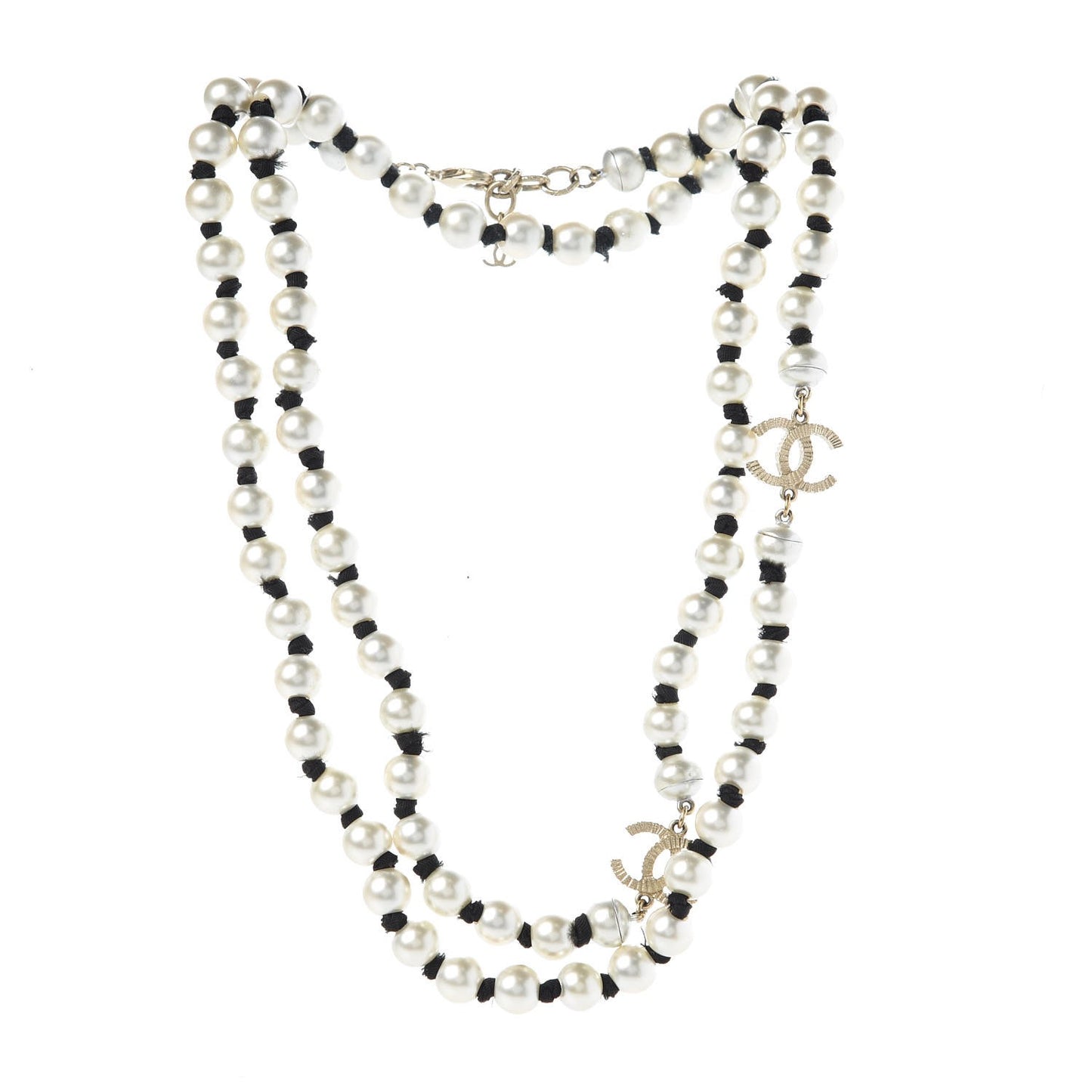 Pearl CC Long Necklace Gold Pearly White Black