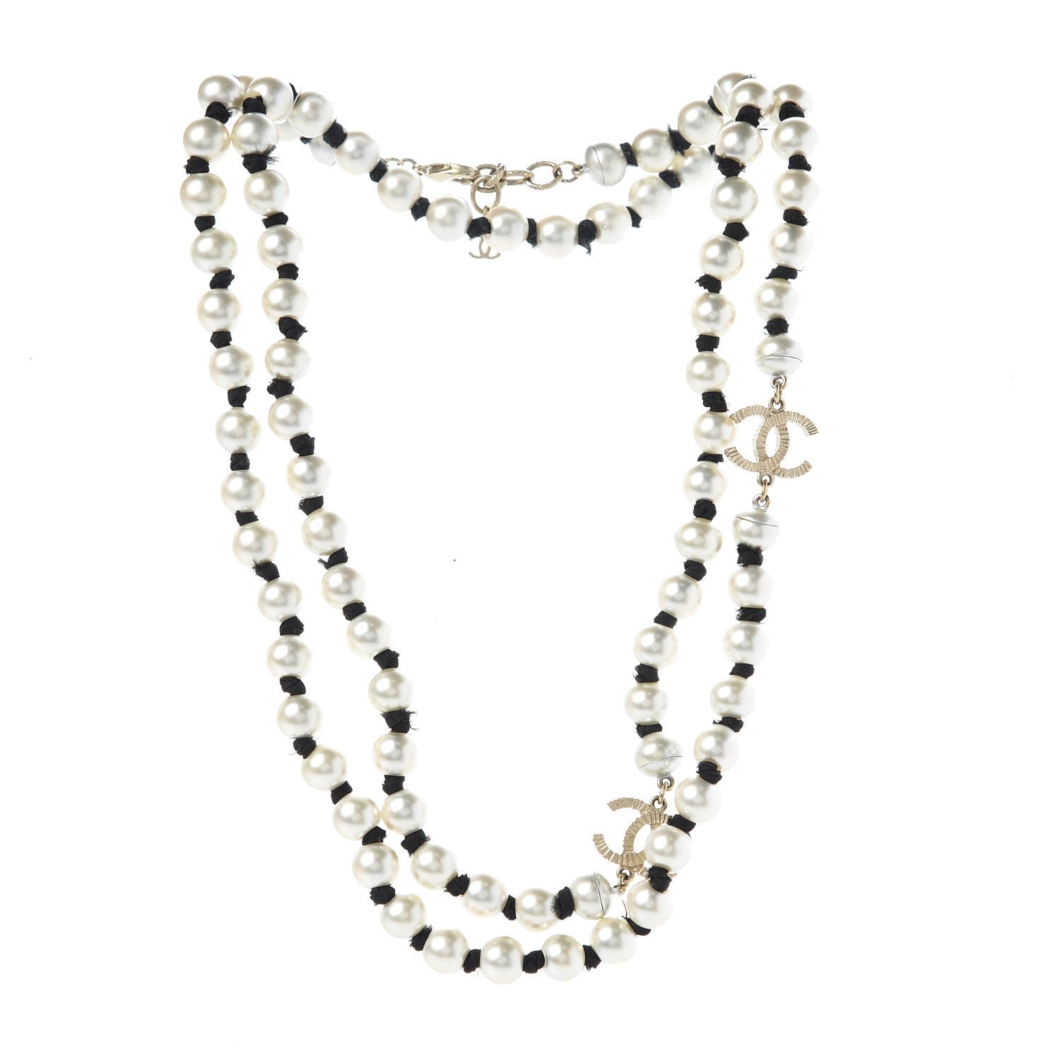 Chanel Pearl CC Long Necklace Gold Pearly White Black 3 of 4