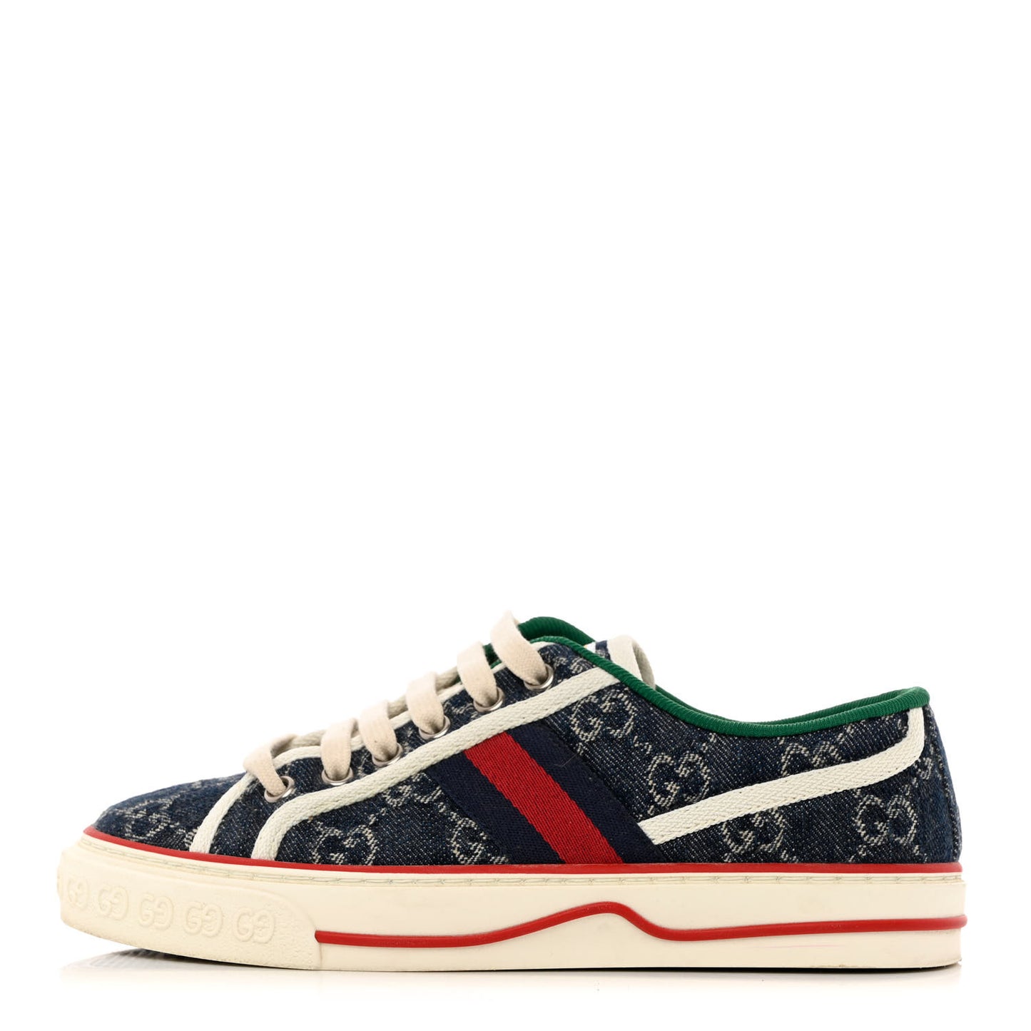 New Denim GG Monogram Web Womens 1977 Tennis Sneakers 35 Blue Tea Mystic White