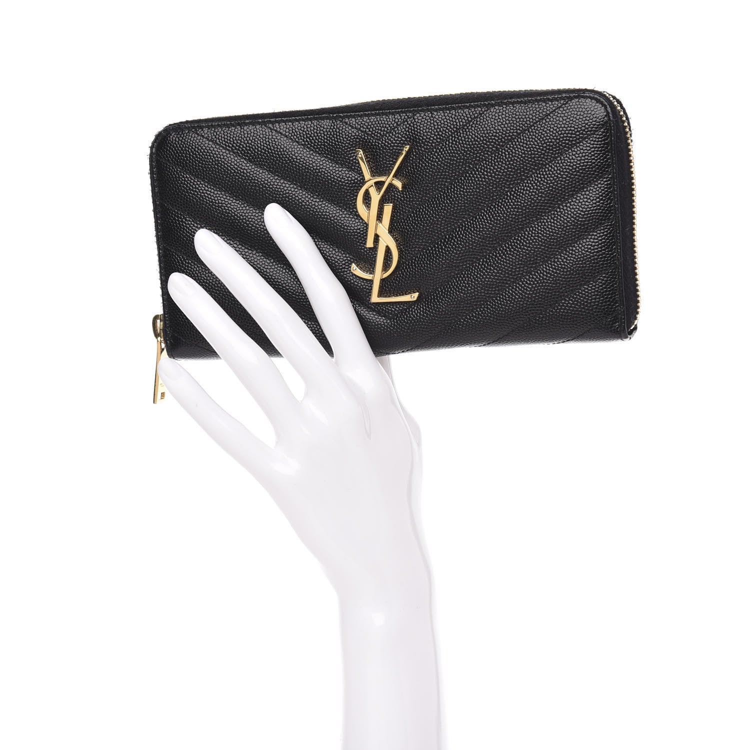 Saint Laurent Grain De Poudre Matelasse Chevron Monogram Zip Around Wallet Black 2 of 11