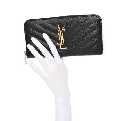 Saint Laurent Grain De Poudre Matelasse Chevron Monogram Zip Around Wallet Black 2 of 11