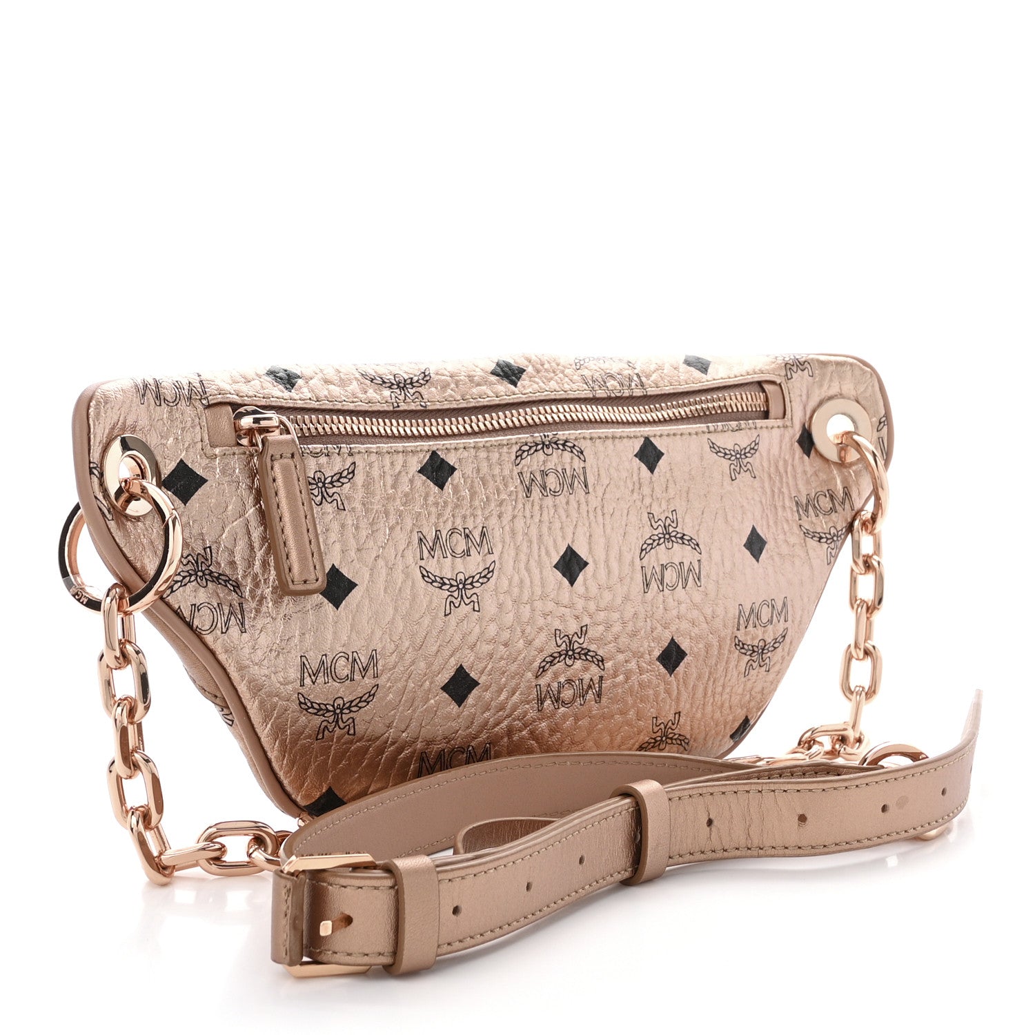 MCM Metallic Visetos Mini Stark Crossbody Chain Belt Bag Champagne Gold 3 of 9
