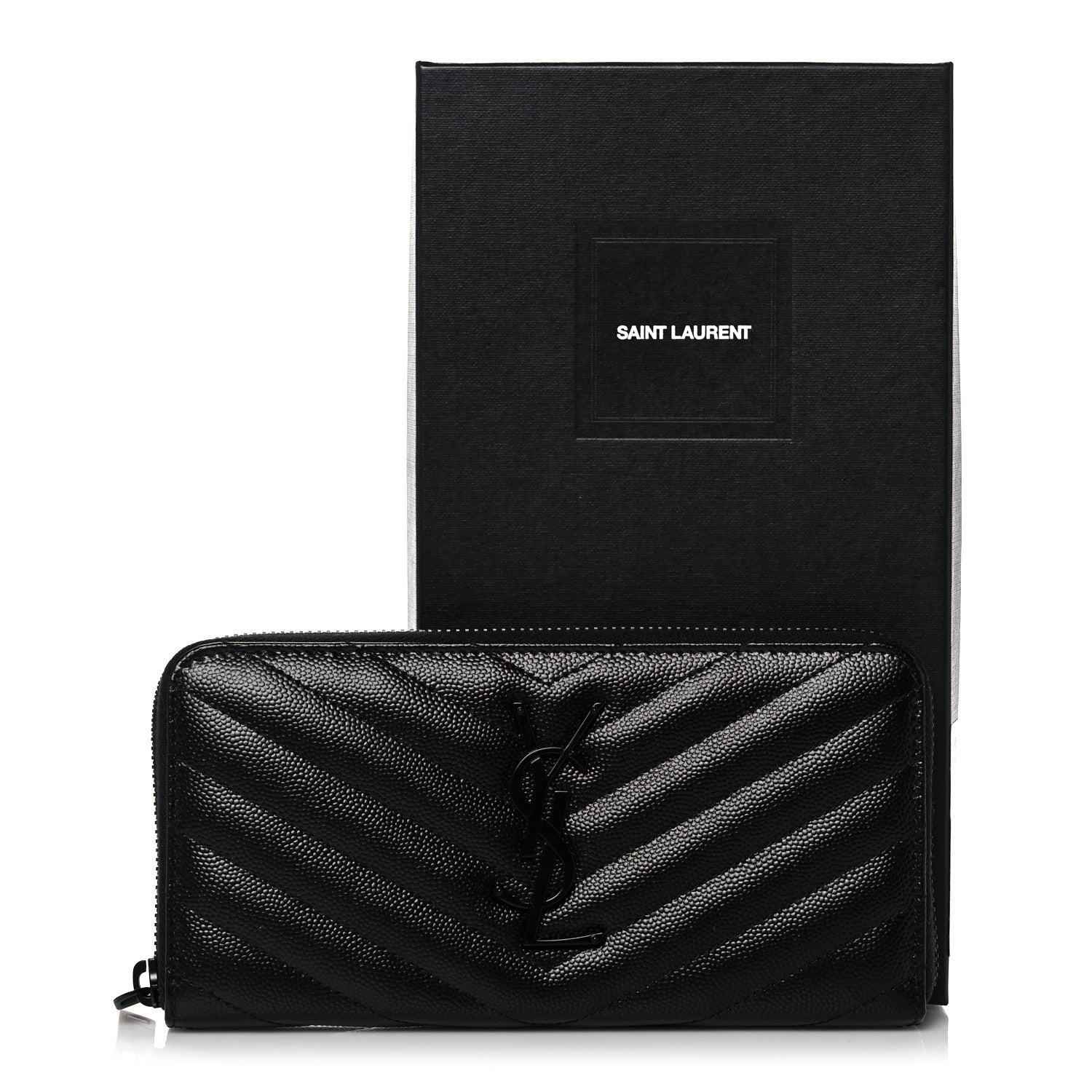 Saint Laurent Grain De Poudre Matelasse Chevron Monogram Monochrome Zip Around Wallet Black 9 of 9