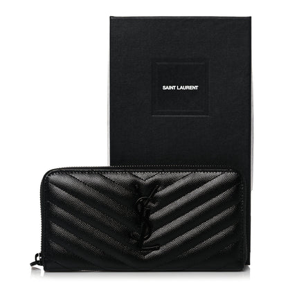 Saint Laurent Grain De Poudre Matelasse Chevron Monogram Monochrome Zip Around Wallet Black 9 of 9
