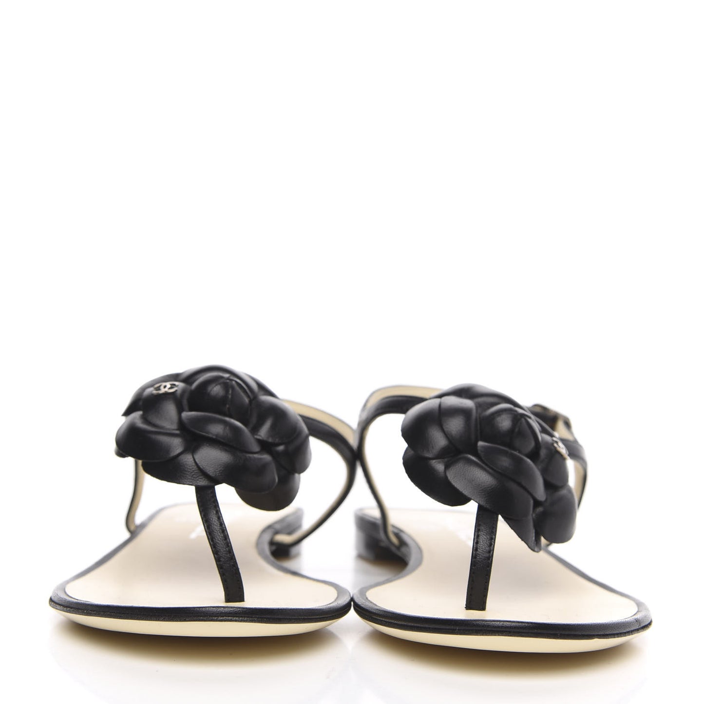 Lambskin Camellia Thong Sandals 37 Black
