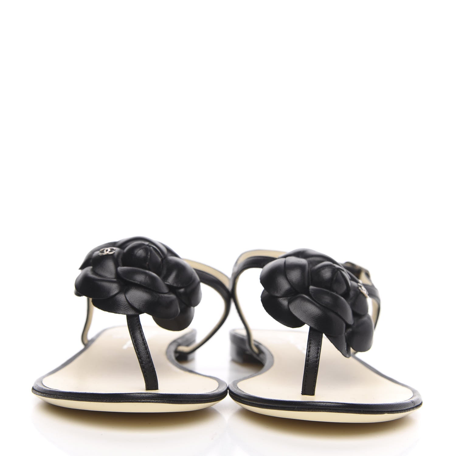 Chanel Lambskin Camellia Thong Sandals 37 Black 2 of 7