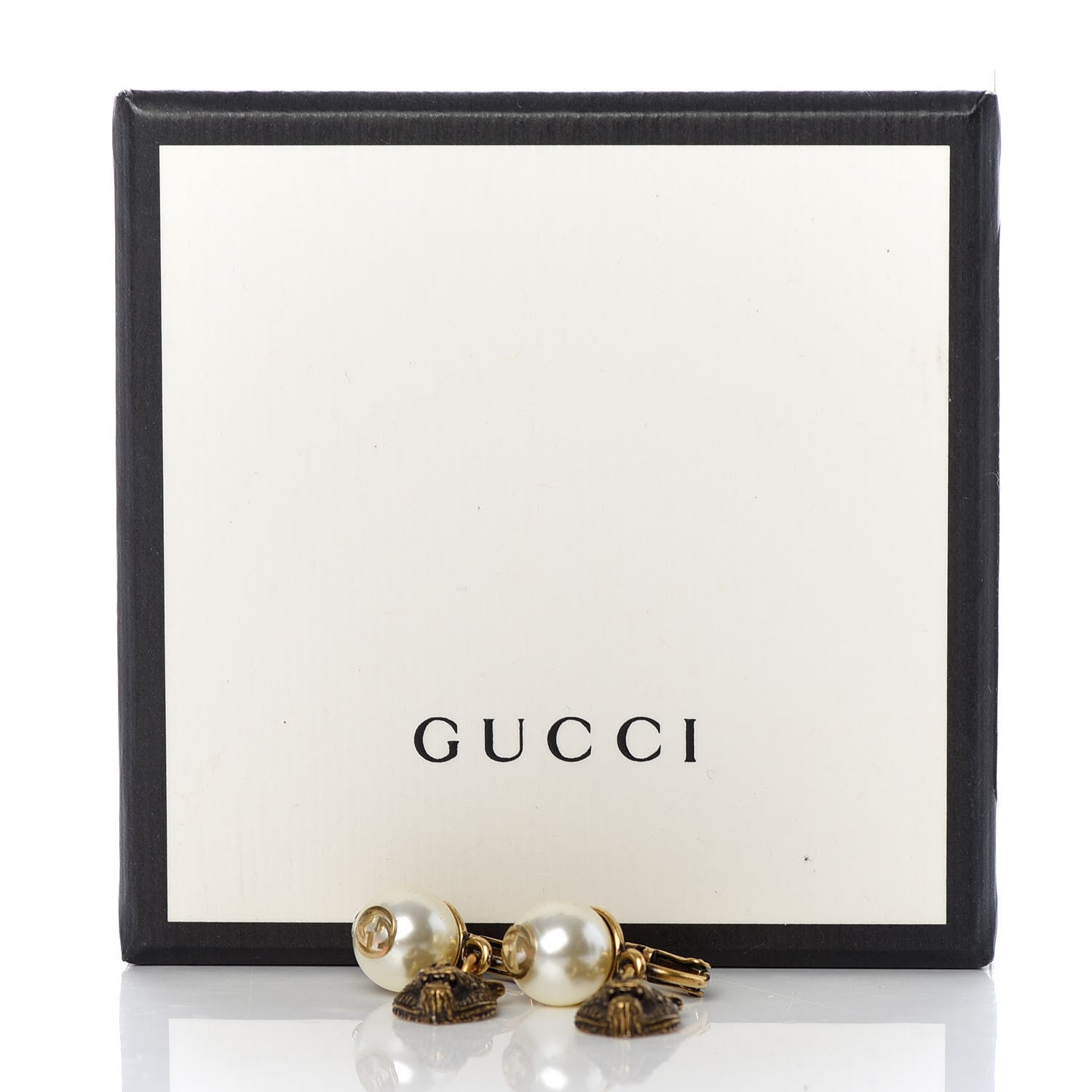 Gucci Metal Crystal Resin Pearl Feline Clip On Earrings Aged Gold 4 of 4
