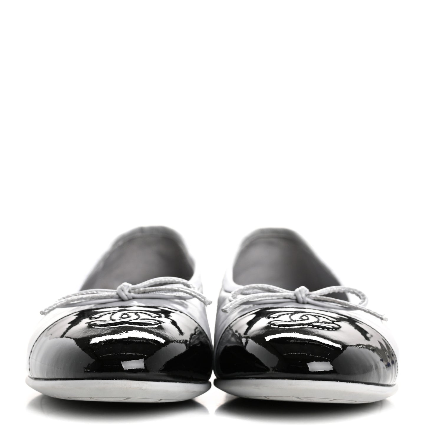 Shiny Crumpled Calfskin Patent CC Cap Toe Ballerina Flats 39 Grey Black