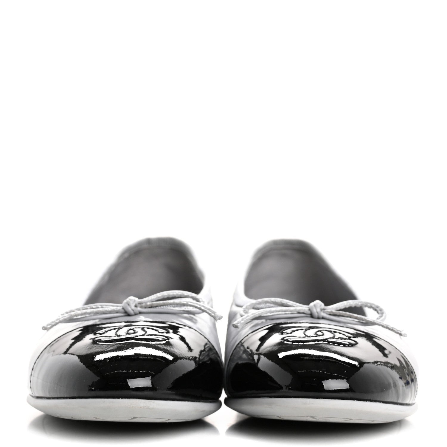 Chanel Shiny Crumpled Calfskin Patent CC Cap Toe Ballerina Flats 39 Grey Black 3 of 14