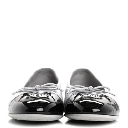 Chanel Shiny Crumpled Calfskin Patent CC Cap Toe Ballerina Flats 39 Grey Black 3 of 14