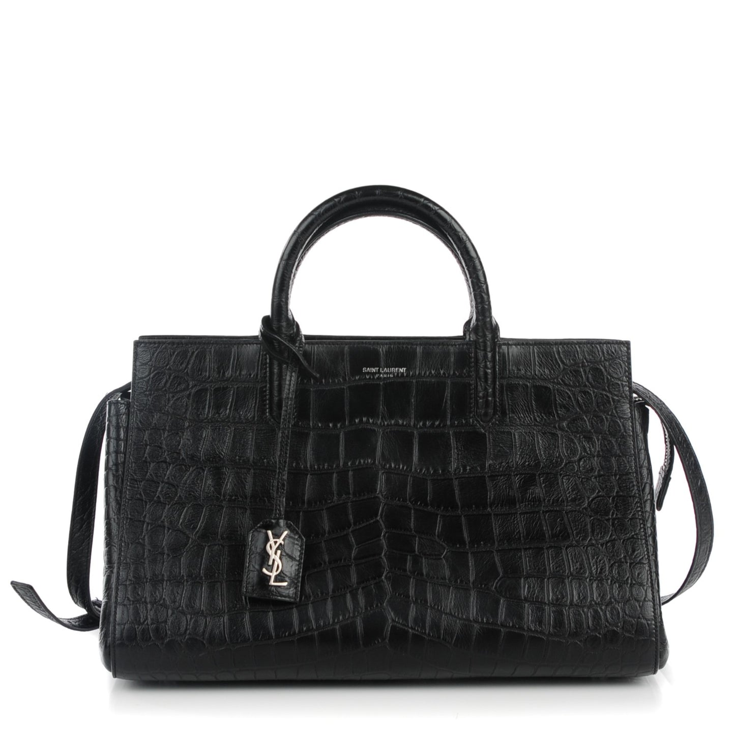 Calfskin Crocodile Embossed Small Cabas Rive Gauche Black