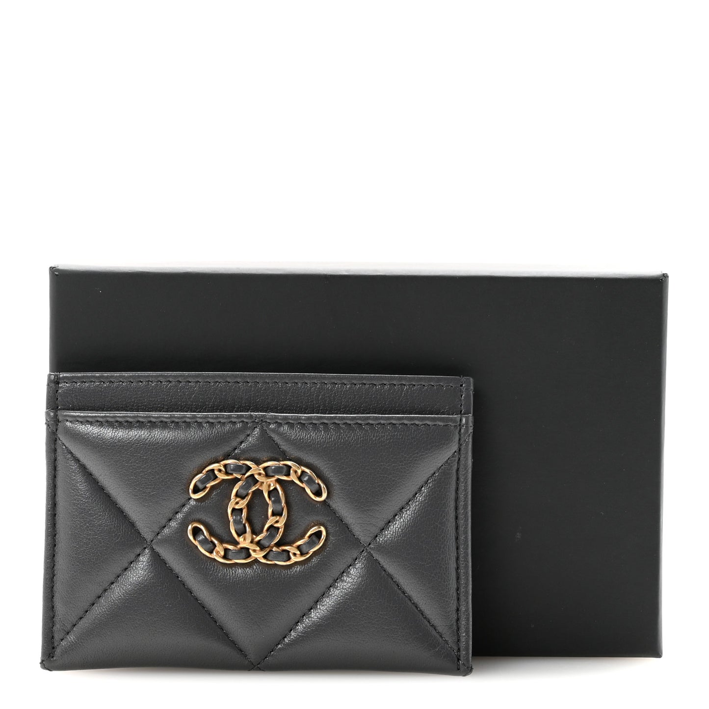 Shiny Goatskin Quilted Chanel 19 Card Holder Dark Grey
