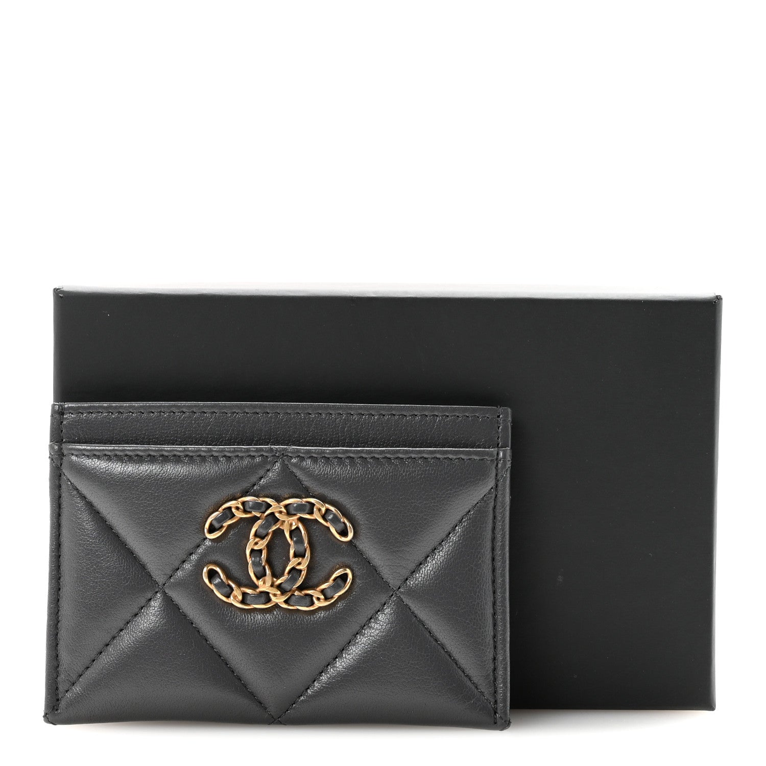 Chanel Shiny Goatskin Quilted Chanel 19 Card Holder Dark Grey 9 of 9
