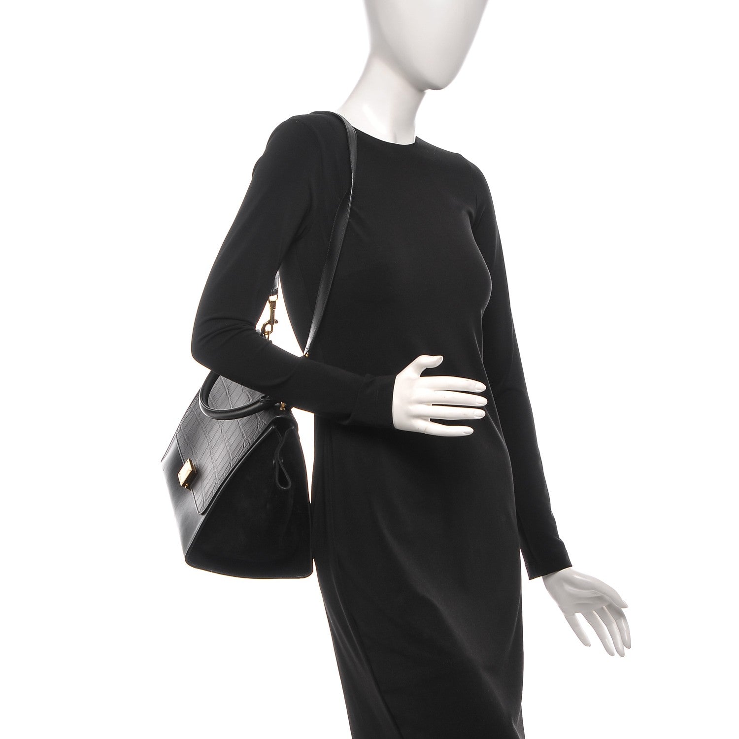 Celine Crocodile Embossed Calfskin Medium Trapeze Black 2 of 9