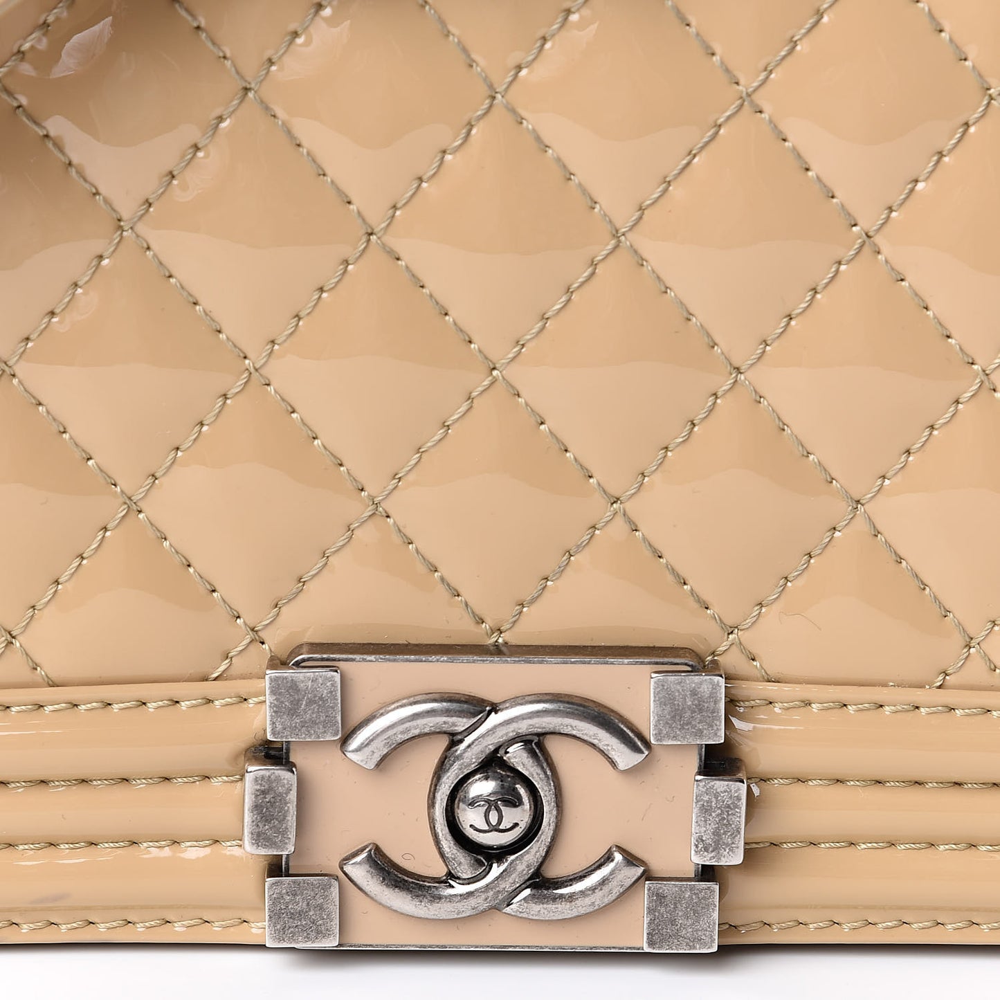 Patent Calfskin Enamel Quilted Medium Boy Flap Beige