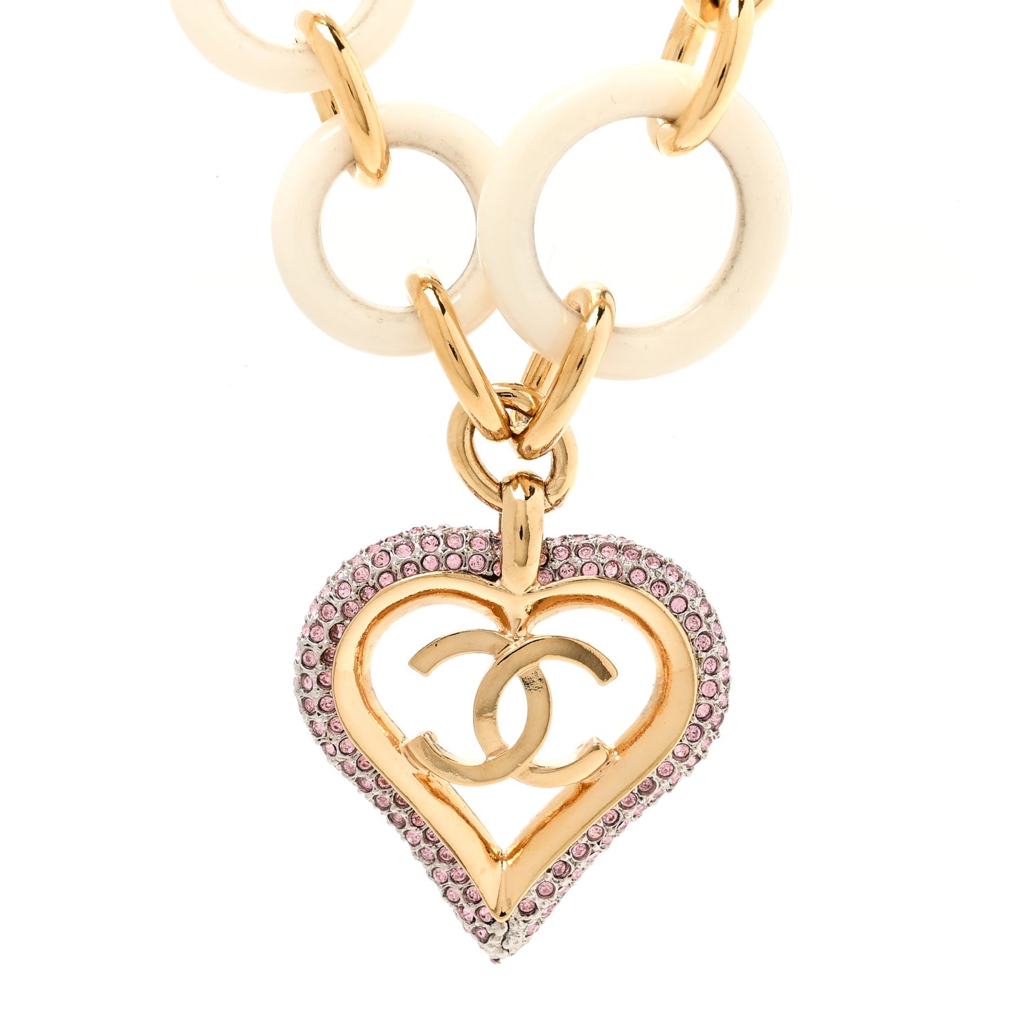 Pearl Crystal Resin CC Heart Necklace Pink Gold White