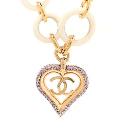 Chanel Pearl Crystal Resin CC Heart Necklace Pink Gold White 4 of 6