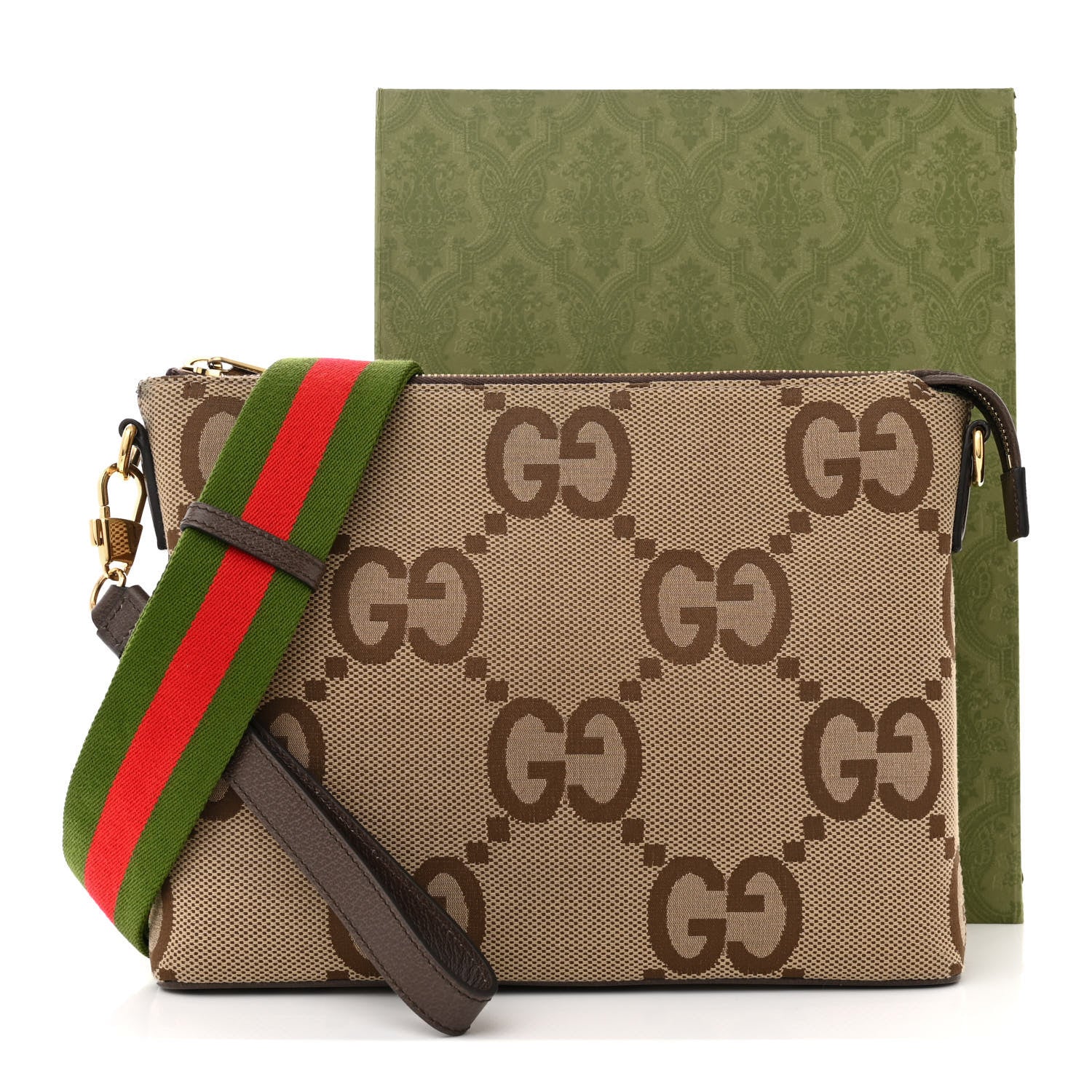 Gucci Monogram Jumbo GG Textured Dollar Calfskin Web Wristlet Messenger Bag Camel Ebony New Acero 14 of 14