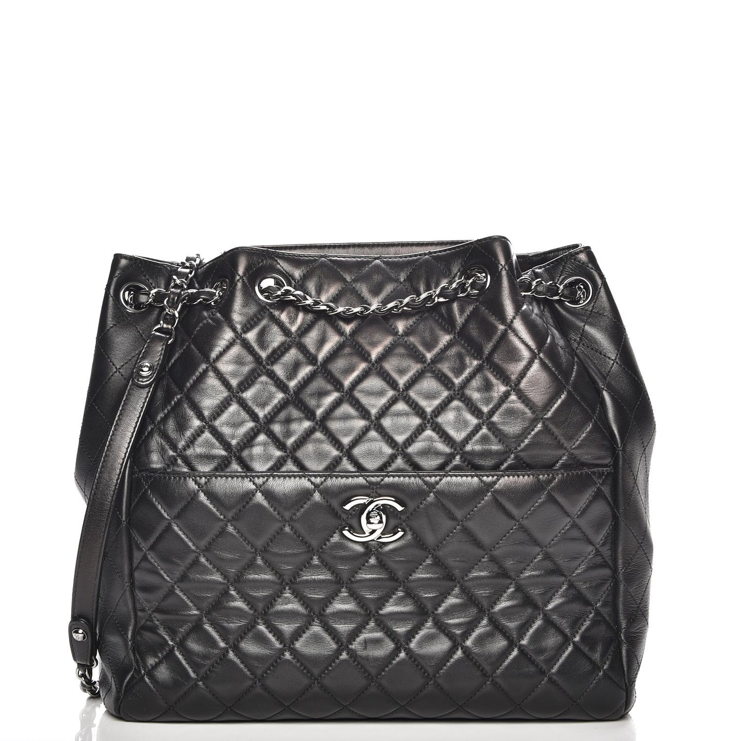 Lambskin Quilted Large Drawstring Bag Black
